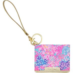 Lilly Pulitzer Snap ID Card Case, Cute Blue Keychain Wallet, Slim Credit Card Holder with Wristlet Strap, Golden Hour