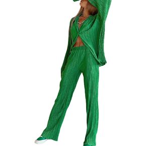 Franhais Wide Leg Pants Sets Women 2 Piece Outfits Casual Long Sleeve Button Down Shirt Linen Pants Outfits Streetwear