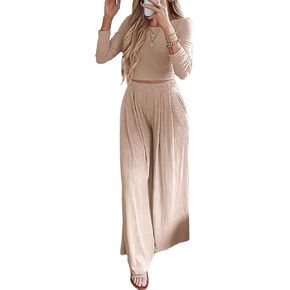BTFBM Women's Two Piece Lounge Set Long Sleeve Bodycon Ribbed Knit Crop Top Loose Wide Leg Pant Casual Outfits Sweatsuit
