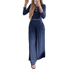 BTFBM Women's Two Piece Lounge Set Long Sleeve Bodycon Ribbed Knit Crop Top Loose Wide Leg Pant Casual Outfits Sweatsuit