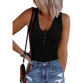 MEROKEETY Women's 2024 Ribbed Button V Neck Bodysuits Sleeveless Slim Fit Knit Body Suits