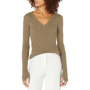 Enza Costa Women’s Cashmere Blend Cuffed V-Neck Top with Thumbholes