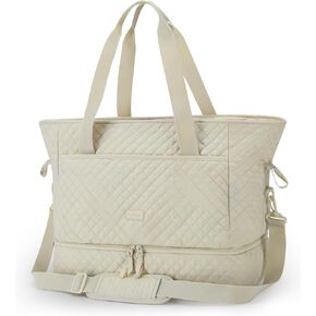 BAGSMART Weekender Overnight Bag 39L Large Travel Duffle Bag for Women, Quilted Cotton Sports Gym Bag with Shoe Compartment, Carry-on Bag with Multiple Pockets, Machine Washable(Beige)