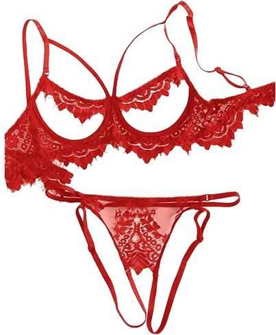 Veronica's Secret Sexy Lingerie for Women Spaghetti Strap Open Cup Bra with a Crotchless G String Thong in Kuwait