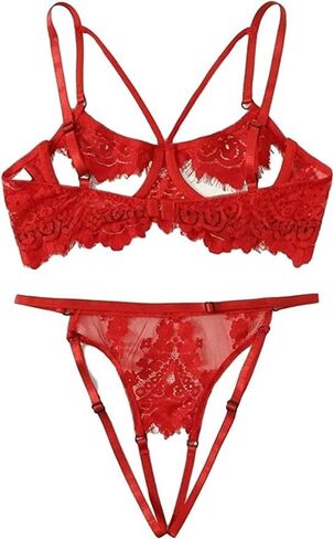 Veronica's Secret Sexy Lingerie for Women Spaghetti Strap Open Cup Bra with a Crotchless G String Thong in Kuwait