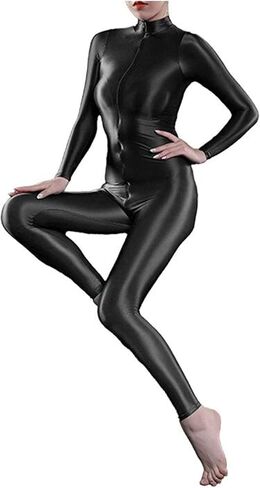 Woman's Sheer Shiny Bodystocking yoga Lingerie High Neck Long Sleeve Zipper Crotch Bodysuit Catsuit in Kuwait