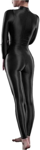 Woman's Sheer Shiny Bodystocking yoga Lingerie High Neck Long Sleeve Zipper Crotch Bodysuit Catsuit in Kuwait