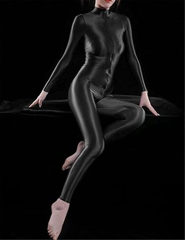 Woman's Sheer Shiny Bodystocking yoga Lingerie High Neck Long Sleeve Zipper Crotch Bodysuit Catsuit in Kuwait