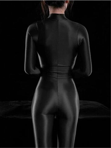 Woman's Sheer Shiny Bodystocking yoga Lingerie High Neck Long Sleeve Zipper Crotch Bodysuit Catsuit in Kuwait