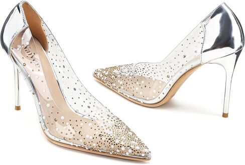 حذاء Naiyee نسائي بكعب عالٍ ستيليتو، حذاء من مادة PVC بأحجار الراين الكريستالية 100 مم وكعب شفاف مغلق عند الأصابع ومقدمة مدببة سهل الارتداء وحفلات الزفاف in Kuwait