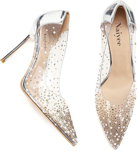 حذاء Naiyee نسائي بكعب عالٍ ستيليتو، حذاء من مادة PVC بأحجار الراين الكريستالية 100 مم وكعب شفاف مغلق عند الأصابع ومقدمة مدببة سهل الارتداء وحفلات الزفاف in Kuwait