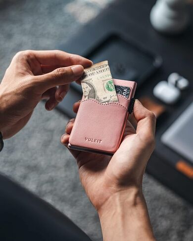 حامل بطاقة الائتمان VULKIT محفظة رفيعة منبثقة مع فتحات جلدية وحجب RFID للرجال والنساء تحمل 7 بطاقات وملاحظات باللون الوردي in Kuwait