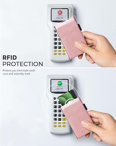 حامل بطاقة الائتمان VULKIT محفظة رفيعة منبثقة مع فتحات جلدية وحجب RFID للرجال والنساء تحمل 7 بطاقات وملاحظات باللون الوردي in Kuwait
