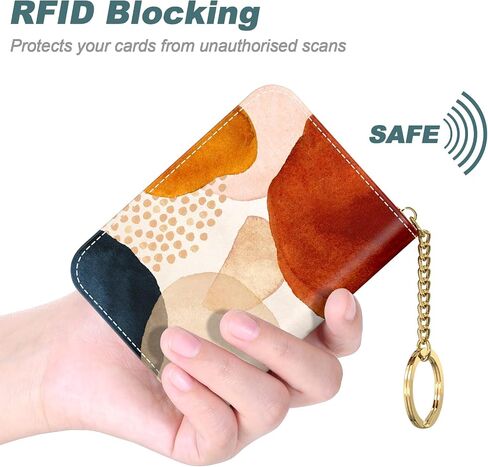 حامل بطاقات الائتمان Nipichsha، محفظة صغيرة لبطاقات RFID للنساء، محفظة جلدية رفيعة لحمل البطاقات، منظم محفظة بطاقات الائتمان، حافظة بطاقات عمل للجيب مع سحاب وسلسلة مفاتيح (فن تجريدي بسيط) in Kuwait