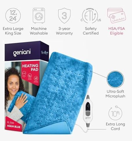 وسادة تدفئة GENIANI XL لتخفيف آلام الظهر والتشنجات، مؤهلة لـ FSA HSA، إيقاف تلقائي، يمكن غسلها في الغسالة، وسادة حرارة رطبة للرقبة والكتف، رقعة حرارية كهربائية للركبة والساق، رمادي تاببي 12 بوصة × 24 بوصة in Kuwait
