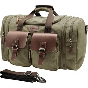 Wildroad 50L Travel Duffel Bag, Expandable Canvas Genuine Leather Duffle Bag Upgraded Overnight Weekender Bag Carry on Bag
