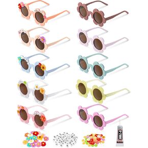 Tigeen 10 Pairs Round Flower Sunglasses Glasses Uv Protection Flower Glasses with 50 Daisy Charms 200 Random Letter Beads