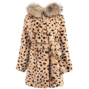 Women's Genuine Rabbit Fur Coat with Raccoon Fur Trim Hood Winter Fur Jacket
