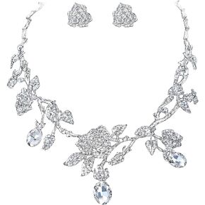 EVER FAITH Rhinestone Crystal Gorgeous Flower Green Leaf Necklace Earrings Set for Women