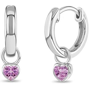 925 Sterling Silver Petite Simulated Birthstone Heart Charm Hoop Earrings For Girls 12mm - Cubic Zirconia Earrings For Girls - Beautiful Simulated Birthstone Earrings for Young Girls in Kuwait