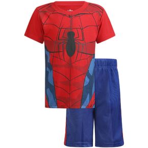 طقم تي شيرت وشورت للأولاد من Marvel Avengers Spiderman للأولاد الصغار والأطفال الصغار - أزرق/أحمر