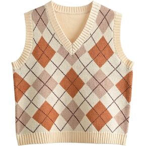Hyipels Argyle Sweater Vest Women Y2K Plaid Knitted Streetwear Preppy Style V Neck Crop Knitwear Tank Top for Girl