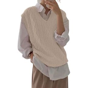 Women's V Neck Sweater Vest Oversized Sleeveless Loose Knit Tops Cable Sleeveless Sweater in Saudi Arabia