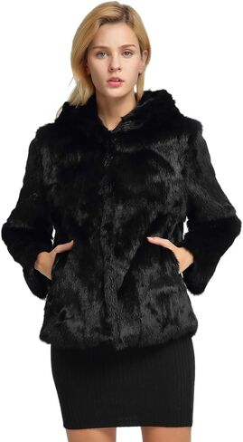 Fur Story Women's Genuine Rabbit Fur Coat Fuzzy Warm Fur Jacket Winter Outware in Kuwait