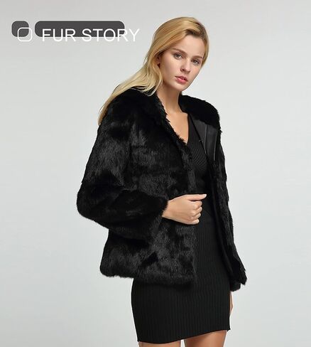 Fur Story Women's Genuine Rabbit Fur Coat Fuzzy Warm Fur Jacket Winter Outware in Kuwait