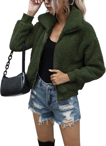 AKEWEI Women's Short Faux Fur Coat Casual Shaggy Jacket with Pockets Warm Winter Zip-Up Fluffy Outwear in Kuwait