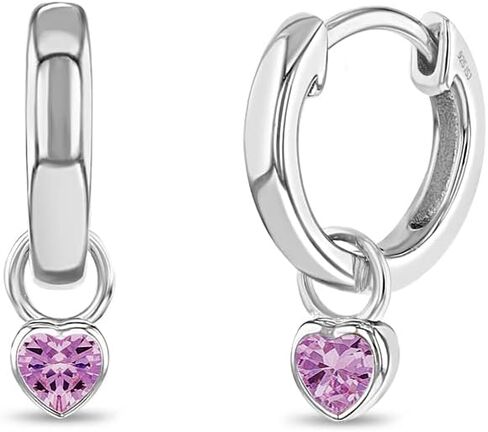 925 Sterling Silver Petite Simulated Birthstone Heart Charm Hoop Earrings For Girls 12mm - Cubic Zirconia Earrings For Girls - Beautiful Simulated Birthstone Earrings for Young Girls in Kuwait