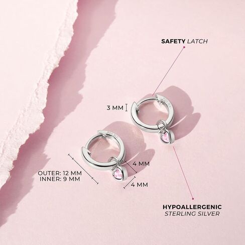 925 Sterling Silver Petite Simulated Birthstone Heart Charm Hoop Earrings For Girls 12mm - Cubic Zirconia Earrings For Girls - Beautiful Simulated Birthstone Earrings for Young Girls in Kuwait