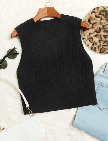 سترة نسائية Locachy كلاسيكية فضفاضة برقبة على شكل حرف V بدون أكمام منسوجة بنمط Preppy in Kuwait