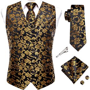 Hi-Tie 5PCS Vest Necktie Handkerchief Cufflinks Lapel Pin Set Jacquard Silk Formal Dress Vest Suit Set for Tuxedo S-3XL