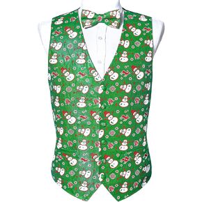 Barry.Wang Mens Christmas Vest with Snow/Snowman/Christmas Tree Picture Red/Green Holiday Waistcoat Bowtie Set for Party in Saudi Arabia