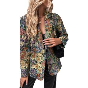 WDIRARA Women's Floral Print Lapel Neck Single Button Lightweight Jacket Blazer with Pocket
