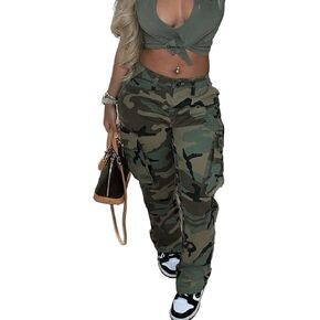 HuiSiFang Cargo Pants Women Camo Print Regular Fit Straight Leg Casual Long Pants with Pockets