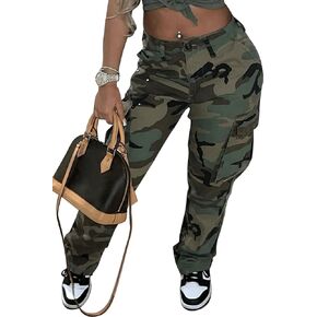 MESLIMA Women's Camo Pants High Waist Slim Fit Cargo Trousers with Pocket Camouflage Long Sweatpant with Belt