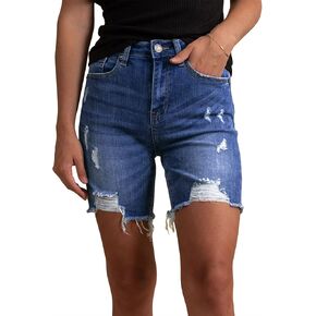 HUUSA Women's High Waist Ripped Denim Shorts Frayed Hem Destroyed Mid Thigh Short Jeans Casual Bermuda Shorts with Pocket in Saudi Arabia