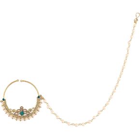 I Jewels 18k Gold Plated Indian Wedding Bollywood Ethnic Bridal Nose Ring/Nath without piercing with Pearl Chain Encased with Pearl Stone for Women/Girls (NL38)