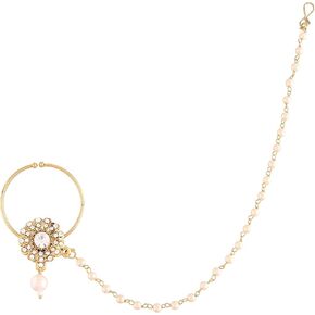 I Jewels خاتم أنف زفاف هندي مطلي بالذهب عيار 18 قيراط من بوليوود العرقي / ناث بدون ثقب مع سلسلة لؤلؤ مغطاة بحجر اللؤلؤ للنساء/الفتيات (NL38) in Kuwait