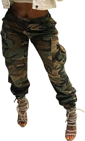 MESLIMA بنطلون مموه نسائي عالي الخصر بقصة ضيقة مع جيب مموه طويل Sweatpant مع حزام in Kuwait