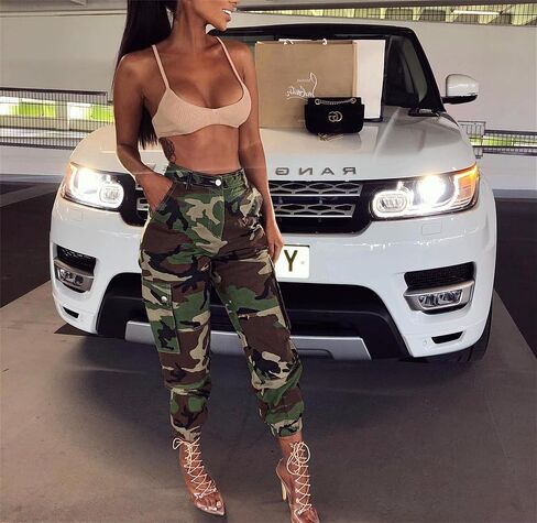 MESLIMA بنطلون مموه نسائي عالي الخصر بقصة ضيقة مع جيب مموه طويل Sweatpant مع حزام in Kuwait