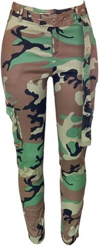 MESLIMA بنطلون مموه نسائي عالي الخصر بقصة ضيقة مع جيب مموه طويل Sweatpant مع حزام in Kuwait