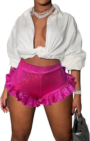 Women Sexy Shiny Metallic Faux Leather Shorts Ruffle High Waist Hot Pants Rave Clubwear in Saudi Arabia