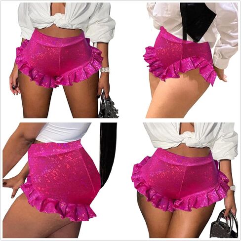Women Sexy Shiny Metallic Faux Leather Shorts Ruffle High Waist Hot Pants Rave Clubwear in Saudi Arabia