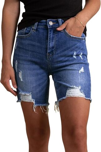 HUUSA Women's High Waist Ripped Denim Shorts Frayed Hem Destroyed Mid Thigh Short Jeans Casual Bermuda Shorts with Pocket in Kuwait