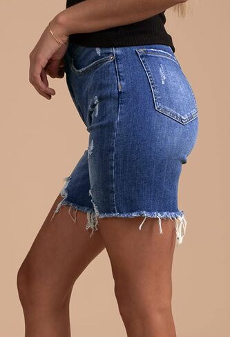 HUUSA Women's High Waist Ripped Denim Shorts Frayed Hem Destroyed Mid Thigh Short Jeans Casual Bermuda Shorts with Pocket in Kuwait