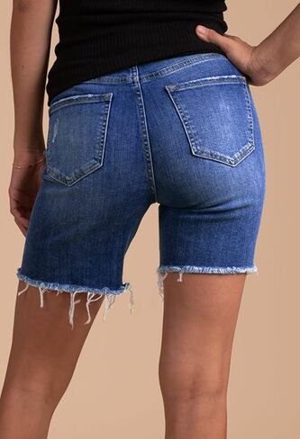 HUUSA Women's High Waist Ripped Denim Shorts Frayed Hem Destroyed Mid Thigh Short Jeans Casual Bermuda Shorts with Pocket in Kuwait