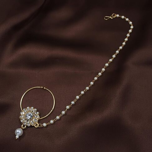 I Jewels خاتم أنف زفاف هندي مطلي بالذهب عيار 18 قيراط من بوليوود العرقي / ناث بدون ثقب مع سلسلة لؤلؤ مغطاة بحجر اللؤلؤ للنساء/الفتيات (NL38) in Saudi Arabia
